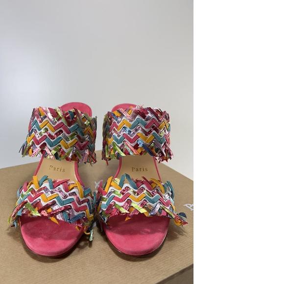 Meroine Pink Rainbow Woven 85mm raffia fringe heels mules D977 - Picture 3 of 11